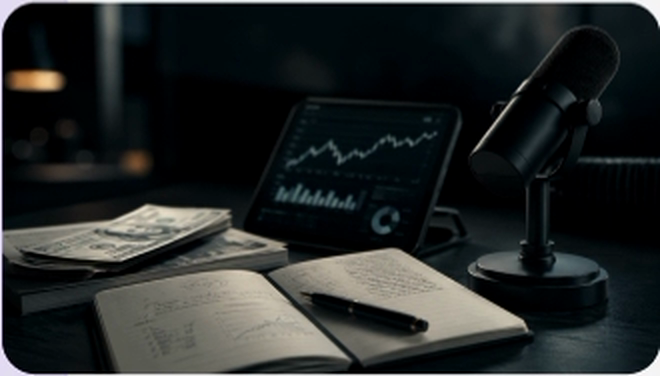 Financial planning notes beside a podcast microphone