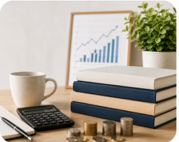 Books, calculator, coins, and a financial growth chart